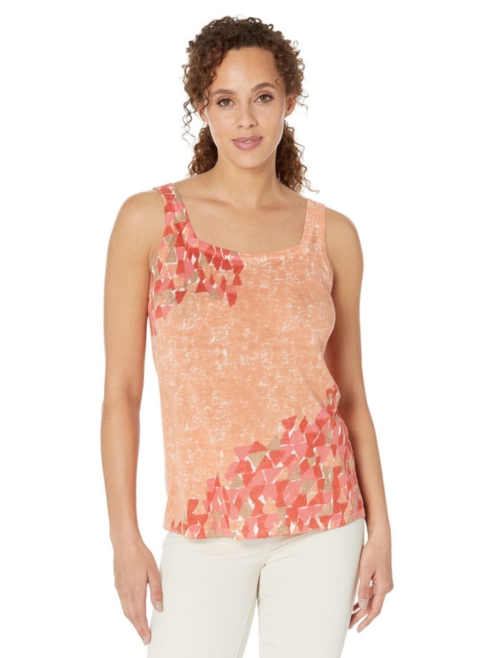 NWOT NIC+ZOE Orange Geometric Print Linen Blend Knit Scoop Neck Tank Top Size S